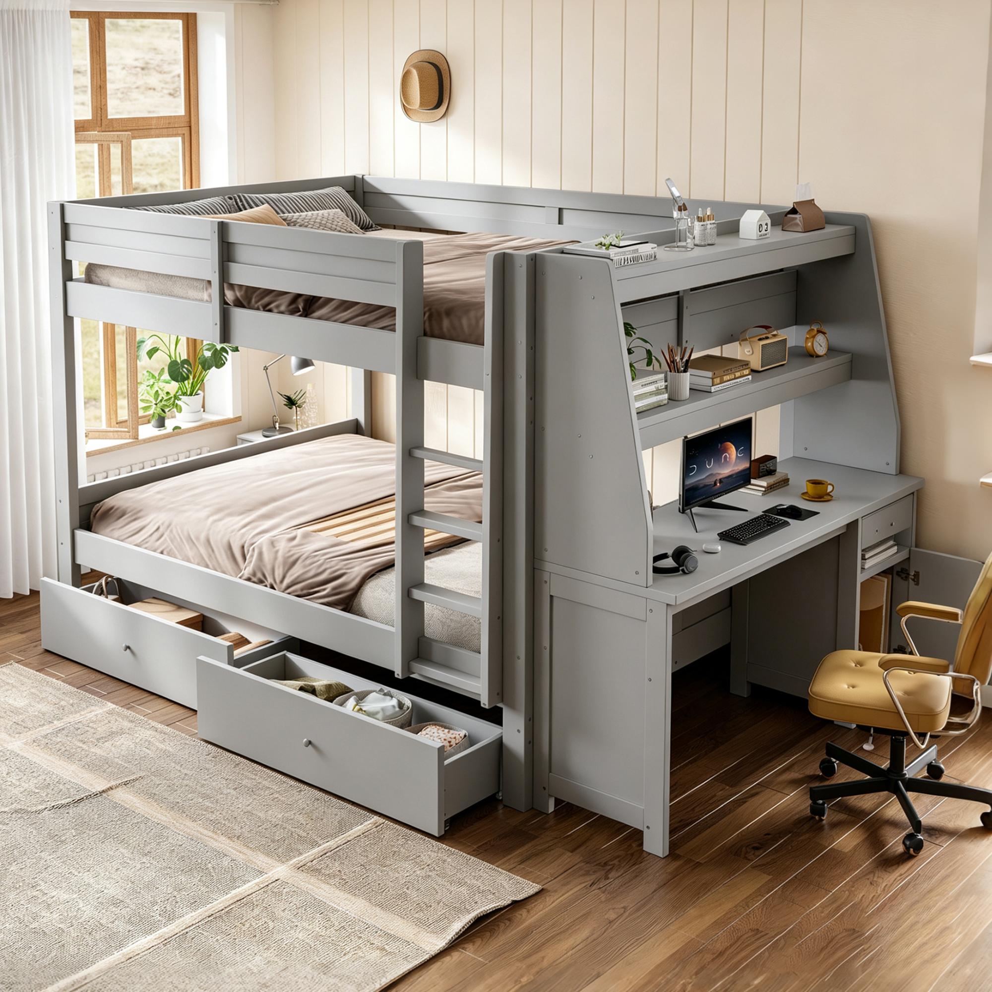 MODFU Etagenbett 140x200 mit eine Matratze,Jugendbett mit Schreibtisch, 2 Schubladen und Sicherheitsgeländer,Hochbett Kinderbett mit Stauraum und Arbeitsbereich,Grau