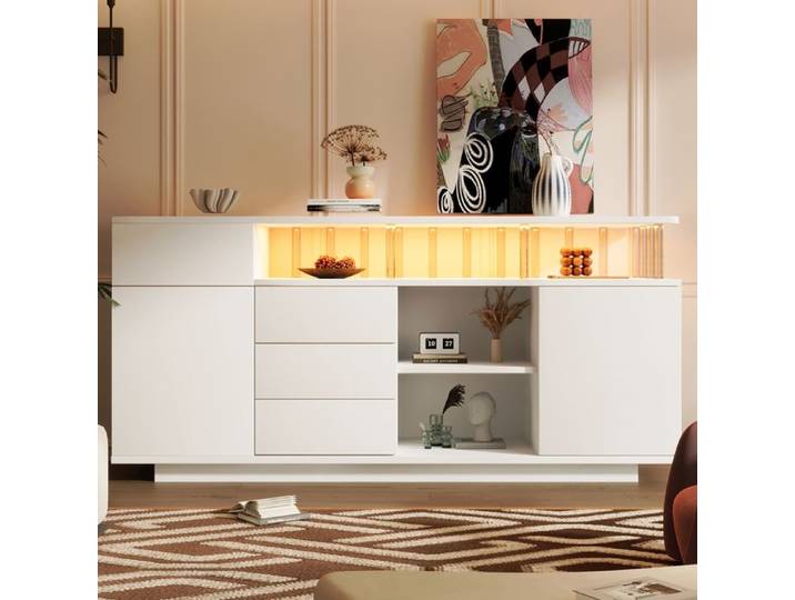 Buffet moderne LED 160x40x75 cm 4 tiroirs 2 portes étagères réglables supports en acrylique commande appli/télécommande blanc