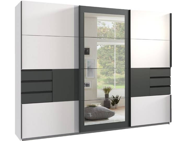 freiraum Schwebetürenschrank LUZERN in WEISS + GRAPHIT + SPIEGEL - 270x208x64cm (BxHxT)