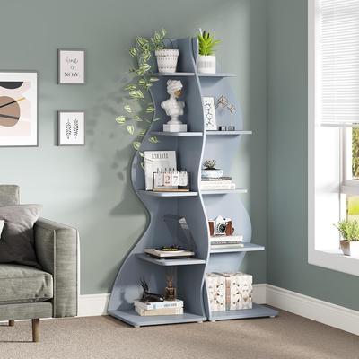YUZHOU Modern Wood Corner Shelf, 5-Tier Bookshelf Bookcase for Living Room