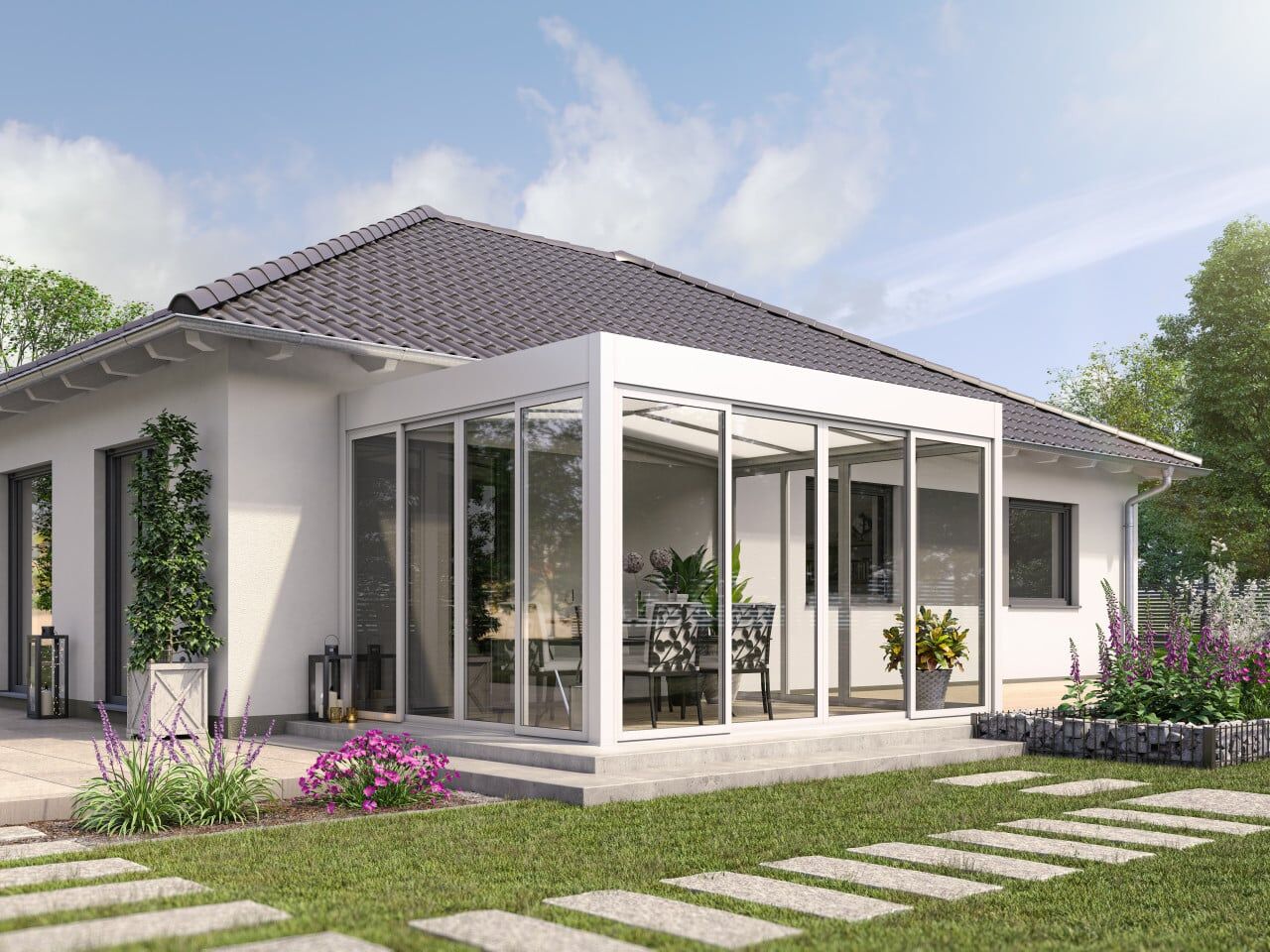 Wismar NFI Wintergarten Modern 500 x 300 cm mit Glasschiebetüren weiß