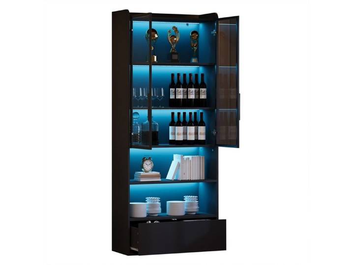 Vitrine en Verre avec éclairage LED Armoire Haute avec 2 Portes en Verre et 1 Tiroir Bibliothèque Buffet Salon 80x34x180cm Noir