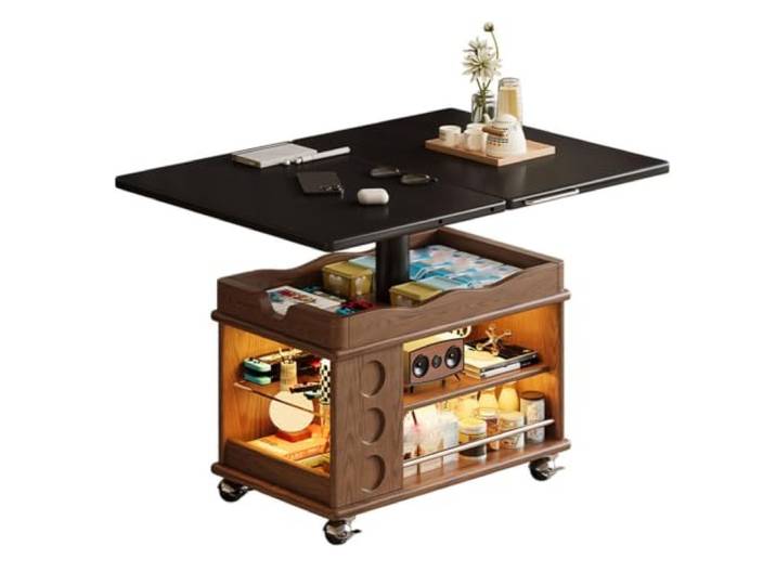 MJJRWF Höhenverstellbarer Couchtisch mit Rollen und Stauraum Neigbare Platte, Ausziehbare Seiten, Feststellbare Rollen, Beistelltisch(Style5)