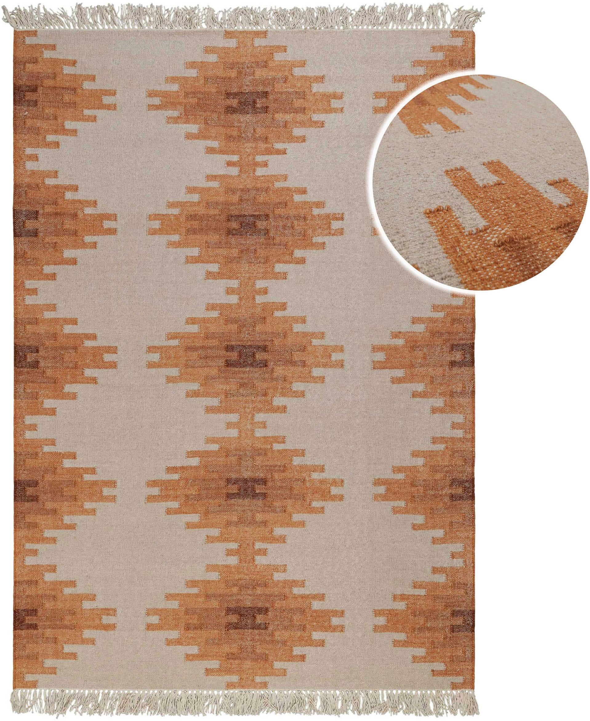 Wollteppich GREEN LOOOP "Belle", beige (beige, hell), B:200cm H:5mm L:290cm, Wolle, Teppiche, Wollteppich, Fransen, Kelim, handgewebt, Natur, Wohnzimmer, Schlafzimmer, Raute beige, hell B : 200cm 1 Stk., 5mm, L: 290cm