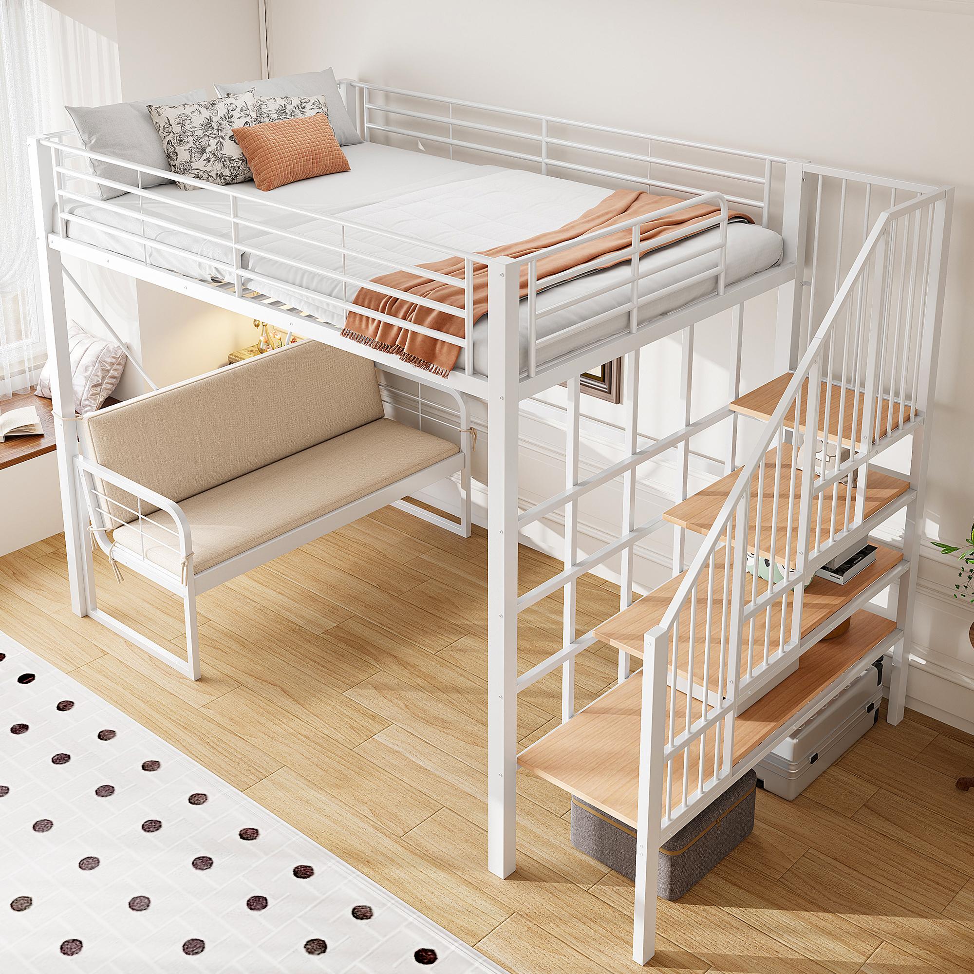 MODFU Hochbett 140x200 mit Stauraum und Sicherheitstreppe Einzelbett mit Matratze Jugendbett mit abnehmbarem Polstersofa Weiß
