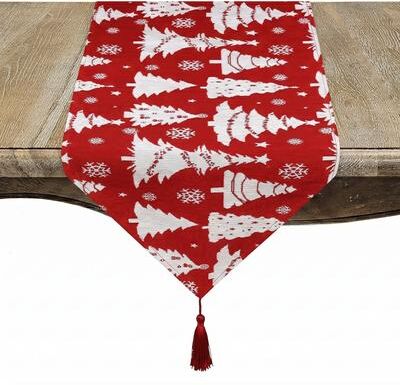 Saro Lifestyle Holiday Christmas Tree Table Runner - Festive Tree and Snowflake Decorative Runner with Tassel for Seasonal Table Styling