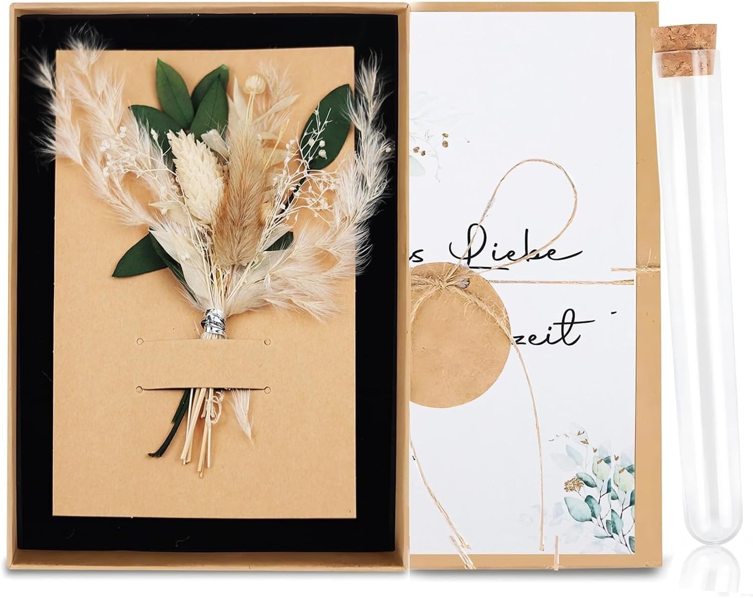 Bruiloft cadeau set met gedroogde bloemen, glazen testbuis, wenskaart en geschenkdoos