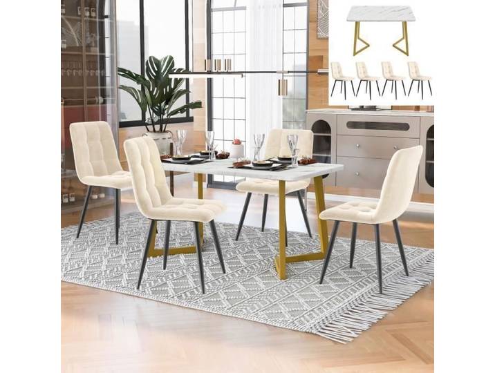 Table à Manger - Rectangulaire - 4 Chaises en Velours - Beige - Design Contemporain