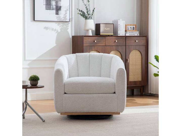 Fauteuil pivotant - HIBA - Baril ivoire chenille - Rotation 360° - Pieds métalliques - Franges