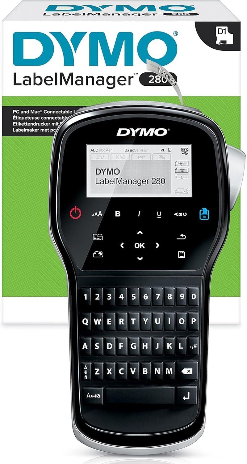 TP-LINK Dymo LabelManager 280 Rechargeable Handheld Label Printer with QWERTY Keyboard and 12mm D1 Label Tape for Home & Office, New