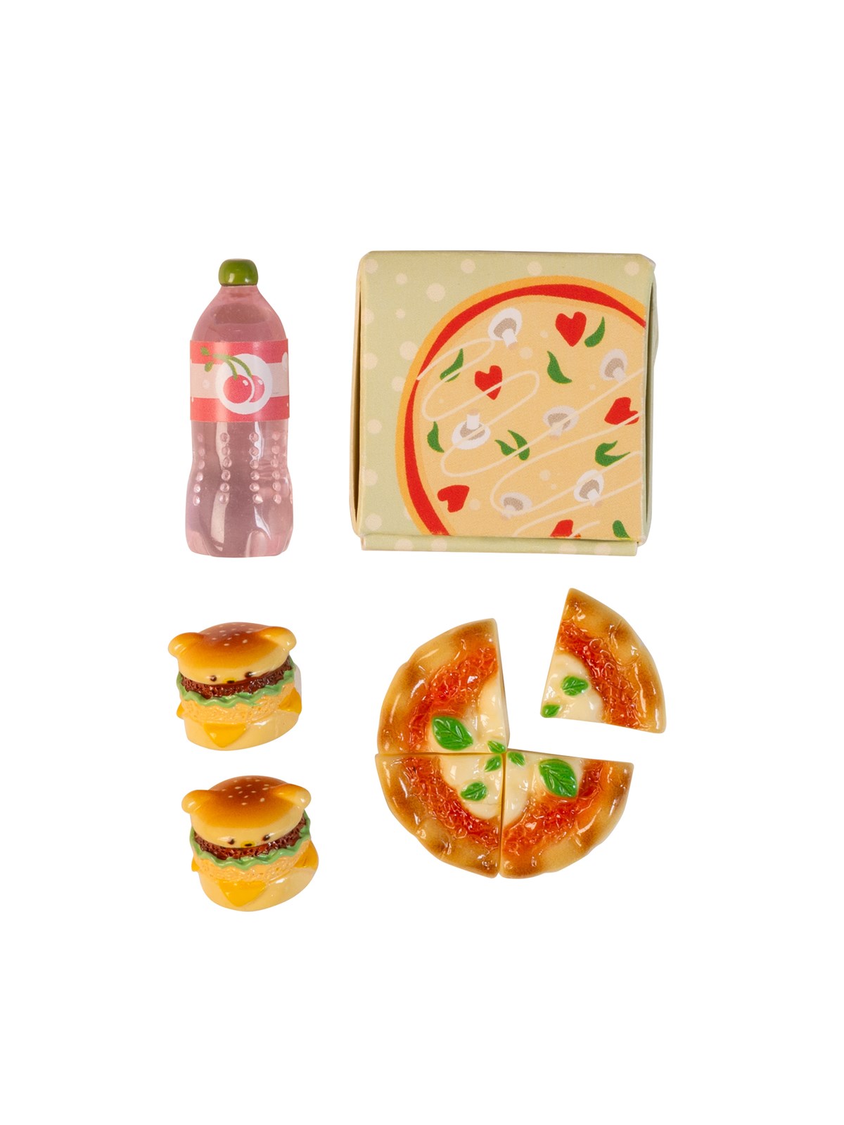 Micki Lundby Junkfood mit Burger, Getränk, geschnittener Pizza & Pizzakarton