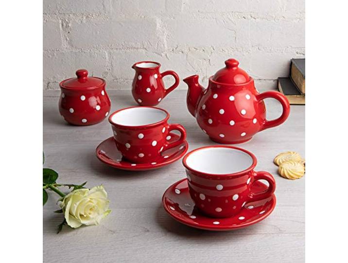 City to Cottage® - Keramik Tee Kaffee Set für 2 Rot und Weiß Polka Dots Handgemacht Keramik Teekanne Kaffeekanne 750 ml, Milchkännchen, Zuckerdose, 2 Tassen mit Untertassen