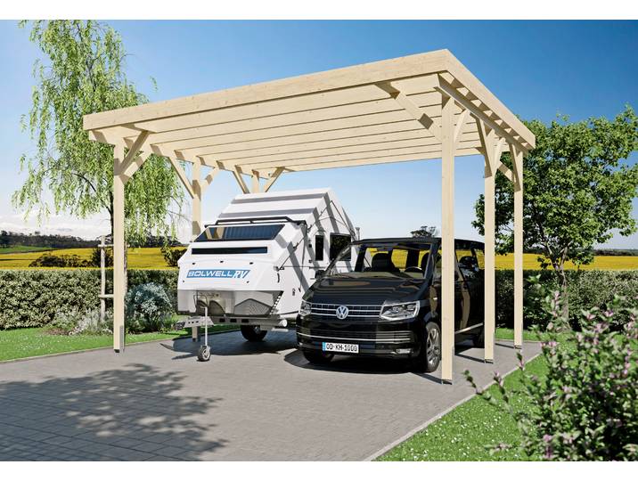 Doppelcarport KONIFERA Pluto I , beige (unbehandelt), B/H/T: 352cm x, Carports, Doppelcarport, für Wohnmobile, Leimholz naturbelassen, PET-Flachdach lichtdurchlässig