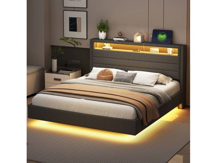 ULEVR Lit rembourré 160 x 200 cm gris avec USB LED tête de lit relevable et rangement