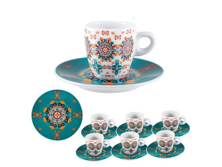 DRW Set mit 6 Tassen mit Untertassen aus Porzellan, verziert mit grünen Fliesen, Tasse: 5,5 x 5,5 x 6 cm