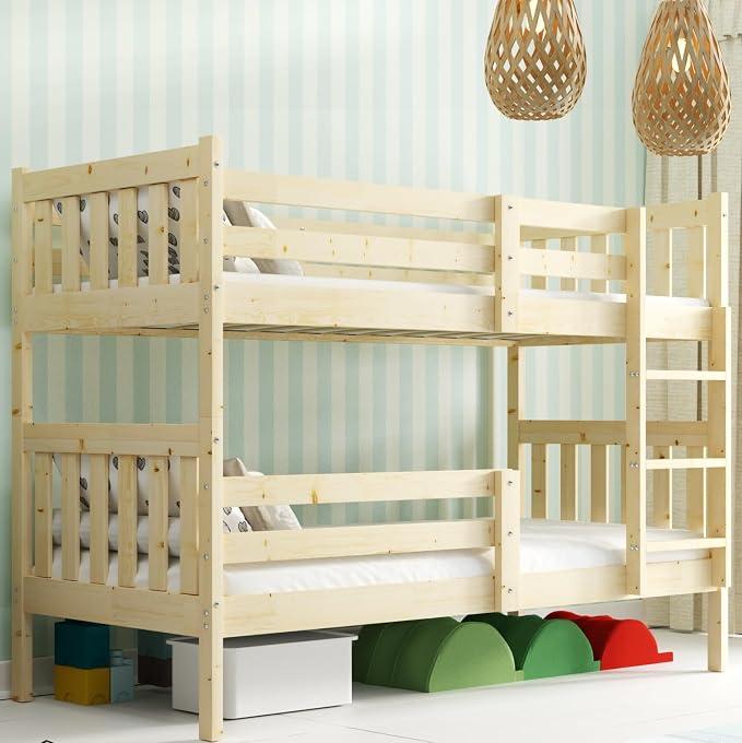Etagenbett Kaspar 200x90 Hochbett Stockbett aus Kiefernholz roh mit Leiter mit Lattenrost Naturholz Jugendbett Kinderbett für 2 Personen, teilbar in 2 Einzelbetten (Naturholz, 200x90)