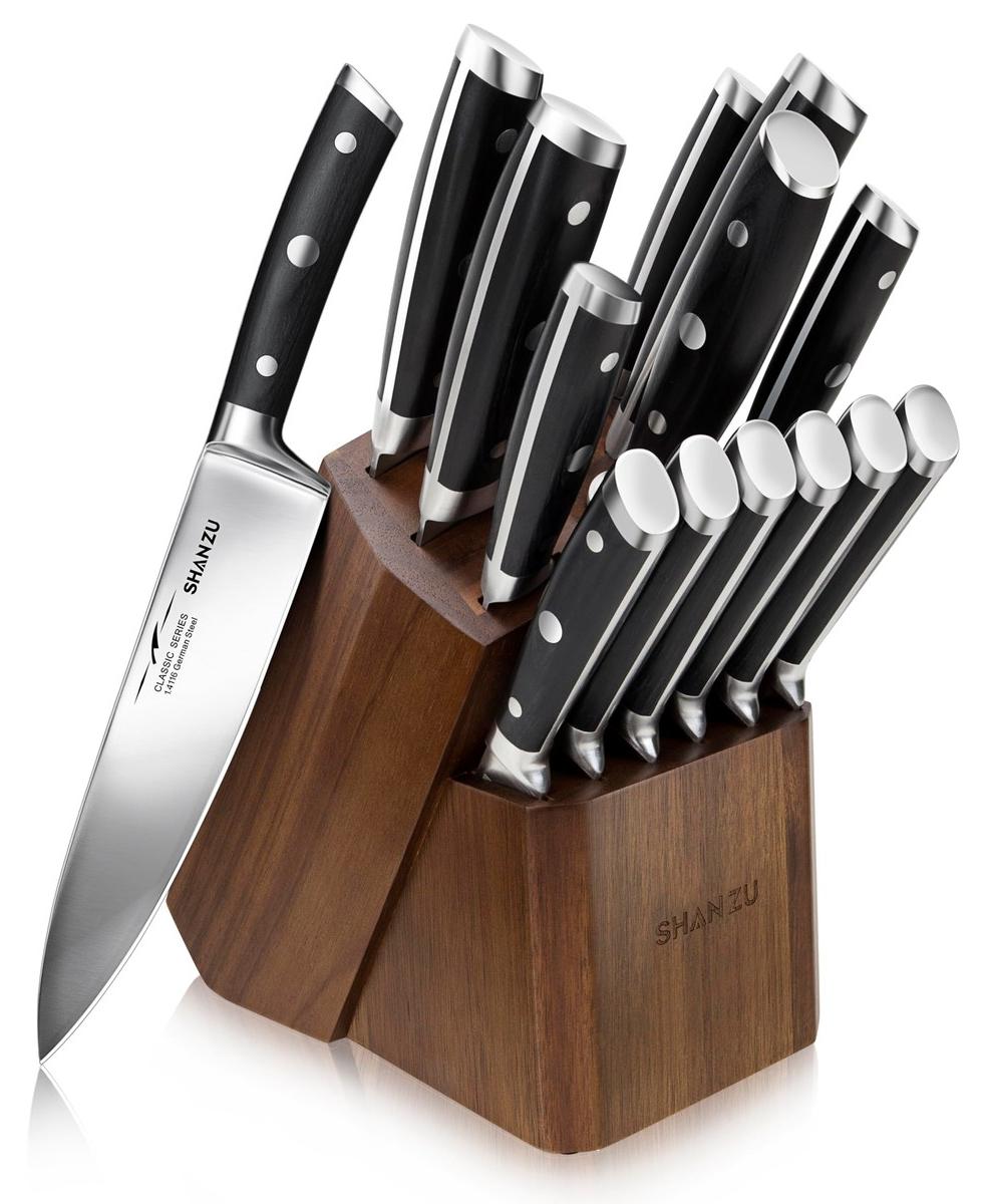 Küchenmessersset Messerset Kochmesser - 14-teilig - Edelstahl - Mit Messerblock und Schleifstab - Ergonomischer Griff
