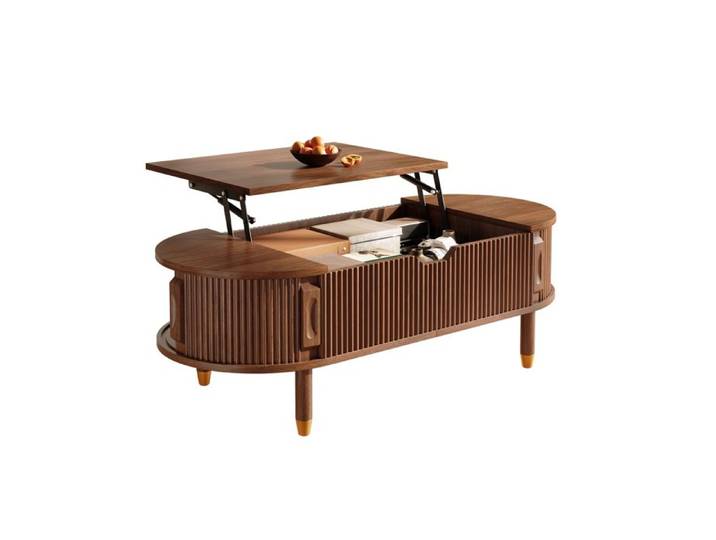 Table basse salon MDF plateau surélevable pieds bois caoutchouc stries porte coulissante TABLE BASSE