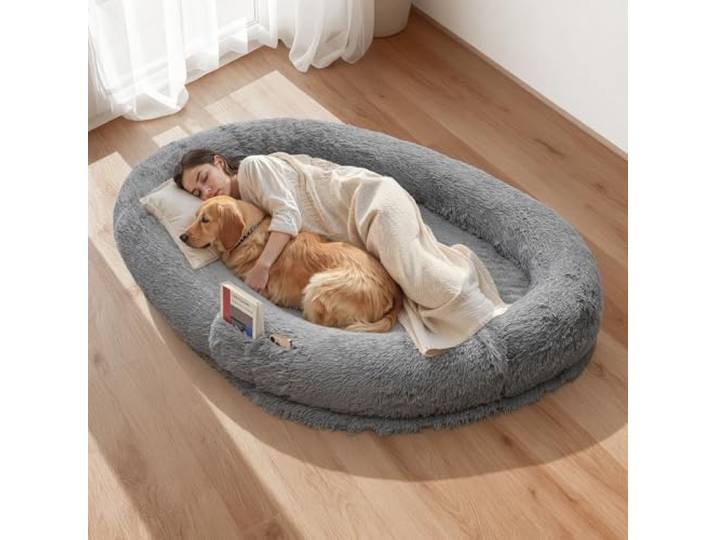 VEVOR Lit pour Chien Humain 174x118x24 cm Panier Géant pour Chien en Mousse Mémoire Forme Orthopédique avec Poche Latérale\, Poignée\, Fermeture Éclair\, Housse Amovible\, Lavable en Machine\, Gris Foncé
