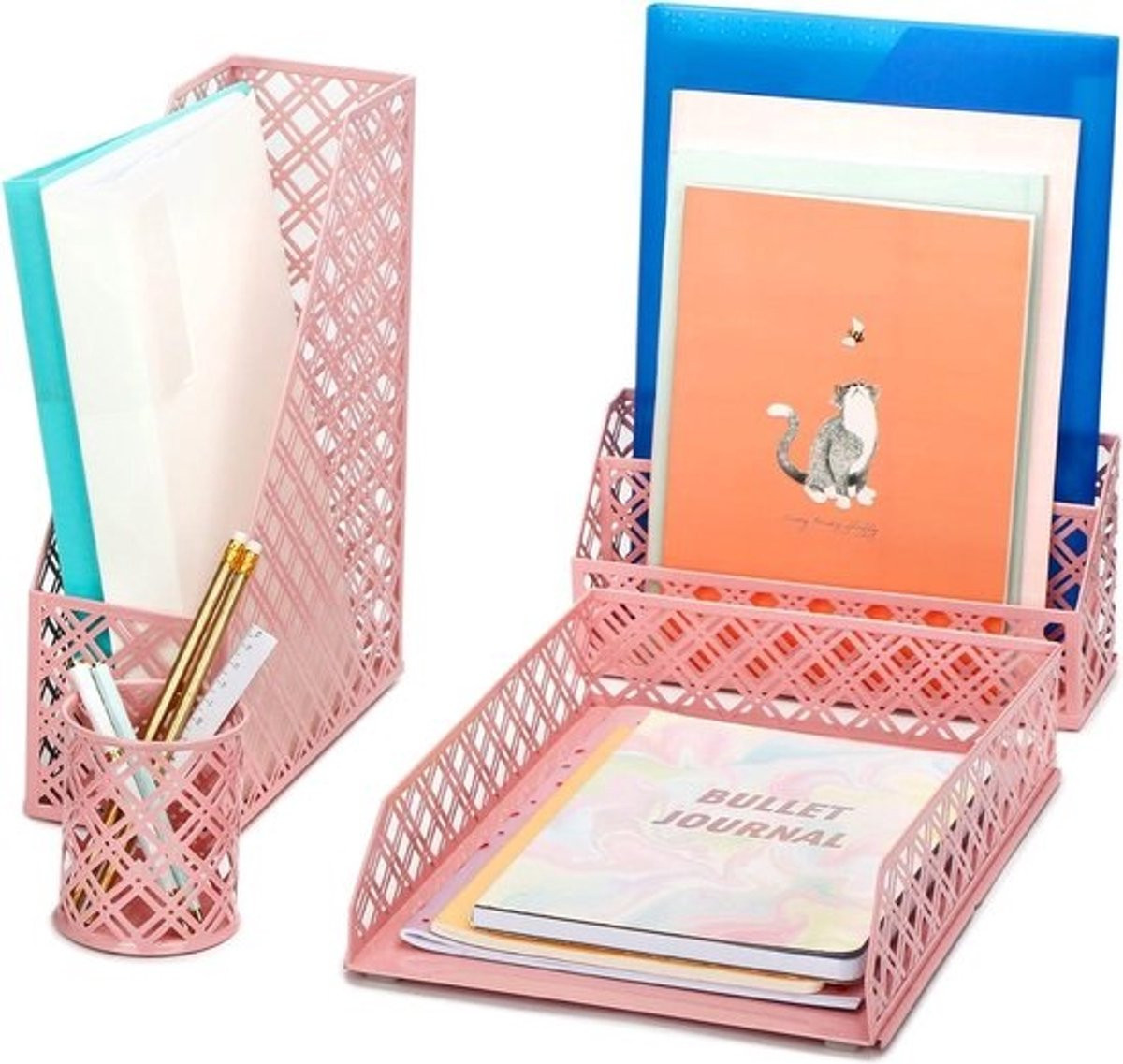 4-delige metalen gaas bureau-organizer set met A4 brievenbak en pennenhouder - Lichtroze