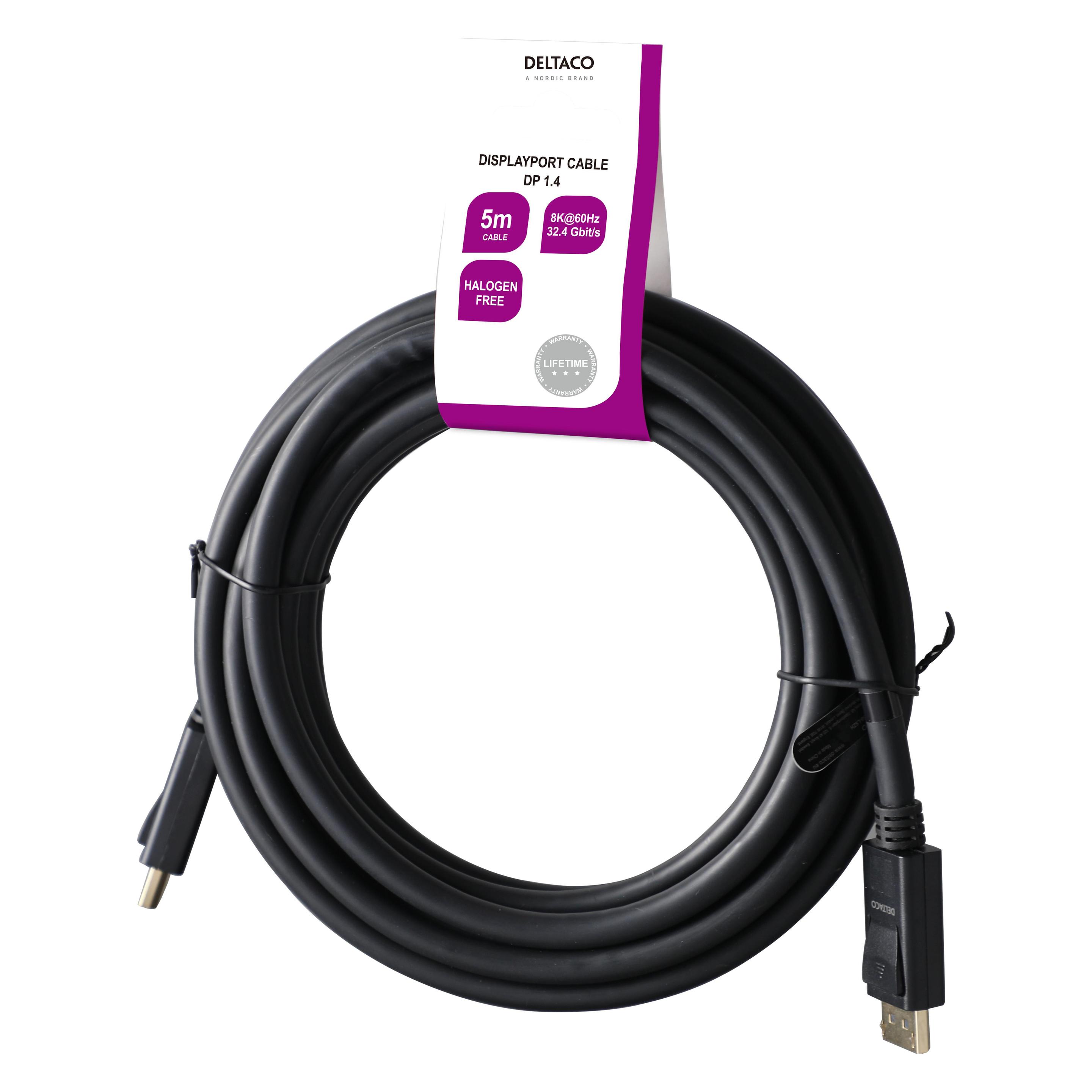Deltaco DisplayPort cable, DP 1.4, 8K@60Hz, 5m, black (5 m) (DP8K-1050-LSZH)