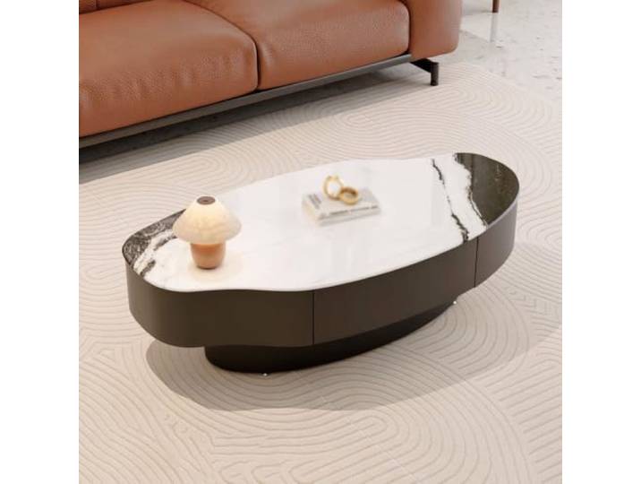Couchtisch,Organischer Wohnzimmertisch In Moderner Wolkenform,Beistelltisch mit Schublade,Gehärtetes Glas In Marmoroptik,Eisenbasis,Pflegeleicht B,100CM