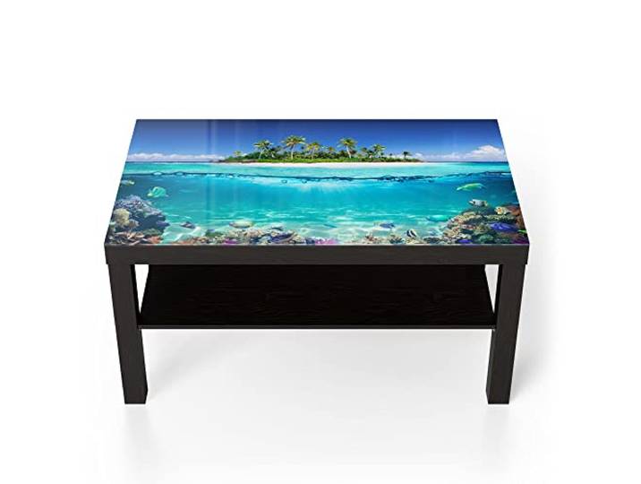 DEQORI Glastisch schwarz groß 90x50 cm Motiv Insel im tropischen Meer ausgefallener Beistelltisch aus Glas Hochglanz Couchtisch fürs Wohnzimmer moderner Couch Tisch mit Design