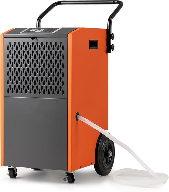 73 L/Tag Luftentfeuchter, Raumentfeuchter mit 24h Timer, automatischer Abtauung & Entleerung, kommerzieller Entfeuchter mit Rollen, Entfeuchtungsgerät für Garagen, Fabriken & Keller (Orange)
