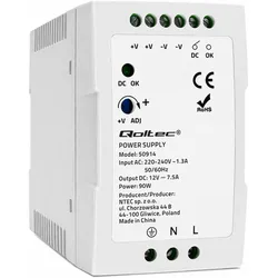 Qoltec 50914 DIN-Schienen-Netzteil 90W 12V 7 5A Weiss Schlank (90 W), PC Netzteil, Weiss