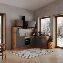 Eckküche m. Geräten ca. 250x172 cm Grau/Wildeiche