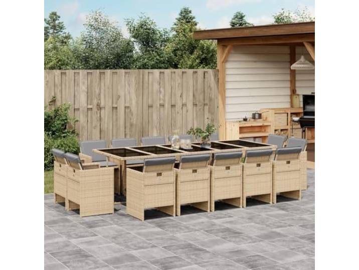 KTHLBRH Gartenmöbel-Set, 15-teilig, mit Kissen, Beige gemischt Strapazierfähiges Polyrattan, Glastisch, Klappstühle, waschbare Kissen