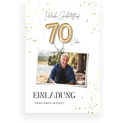 Einladungskarte 70. Geburtstag: Goldene Ballons mit Foto in Weiß