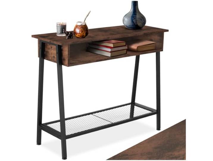 tectake Konsolentisch mit Staufach, Konsole, 100 x 35 x 80,5 cm, Holz Flurtisch Sideboard mit Gitterablage, Industrie-Design, schwarzes Metallgestell in Trapezform (Industrial Dunkelbraun)