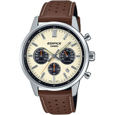 Chronograph CASIO EDIFICE, braun (braun, creme), Armbanduhren, Herren, Chronograph, Quarzuhr, Armbanduhr, Herrenuhr, Lederarmband, analog, Tag