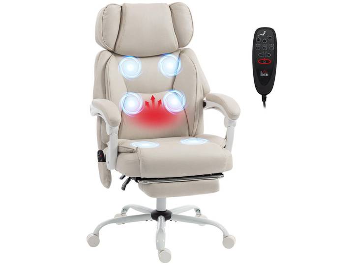 Drehstuhl Massage Hochlehner Vibration Heizung neigbar Fußstütze Cremeweiß, Weiß, 75.5x122.5x70 cm, Büromöbel, Bürostühle, Drehstühle
