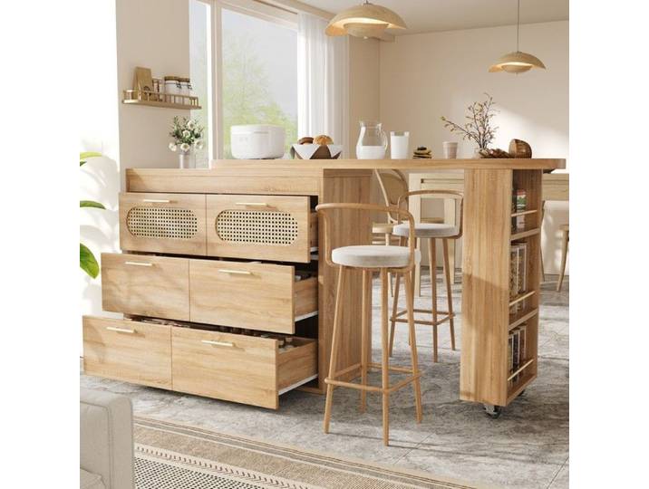Bartisch 6 Schubladen PE Rattan Türen 360° drehbar Stehtisch Kippsicherung Metallgriffe Stauraum Wohnzimmer Naturel