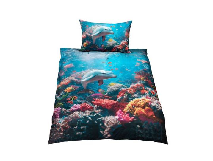 Bettwäsche mit Delfin im Korallenriff – 50x70 cm / 160x210 cm