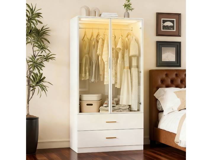 Armoires de vêtement 2 portes, armoire avec tringle placard portable armoire blanche chambre armoire pour chambre à coucher