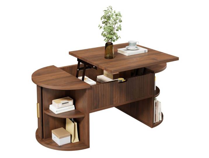 Table basse moderne et réglable en hauteur Table basse réglable en hauteur pour le salon Portes coulissantes Noyer