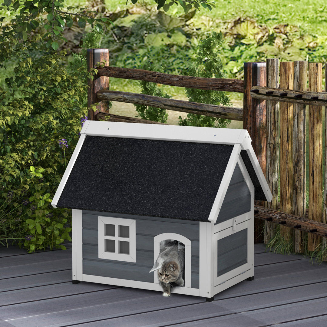 PawHut Outdoor Wooden Feral Cat House with Openable Asphalt Roof - Grey Gray 68cm H X 77cm W X 57.5cm D