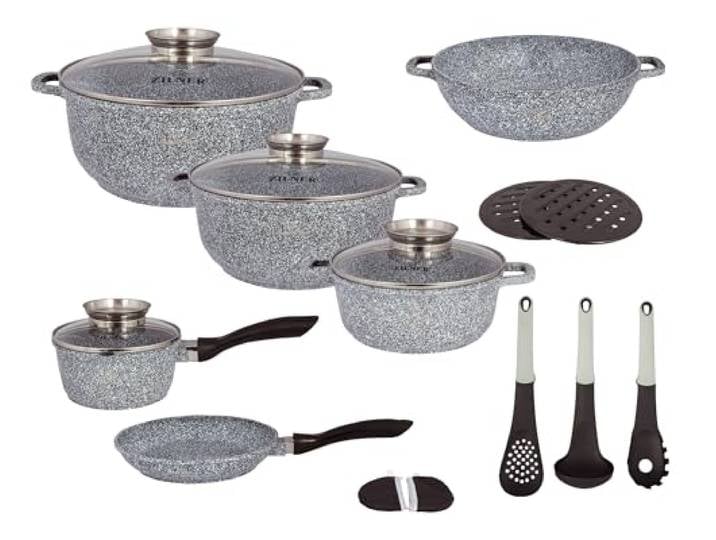 ZILNER Töpfe & Pfannen Set, 17-teilig, Marmor- & Keramikbeschichtung, Grau Topfset mit Glasdeckeln, für alle Herdarten, Induktion, Aluminium, antihaftend, kratzfest, Kochgeschirr-Set