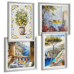 BILDER SET 4er Set - 50x50 cm & 40x60 cm Silberner Rahmen - Gemälde von Zitronenbäumen