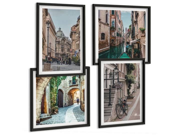 Tulup Bilder SET 4er Set - 50x50 cm & 40x60 cm Schwarzer Rahmen - Venezianische Straßen Wasserarchitektur, Kunststoff, Rechteckig, 50x50 cm, einfache und schnelle Anbringung, Bilder & Rahmen, Bilder