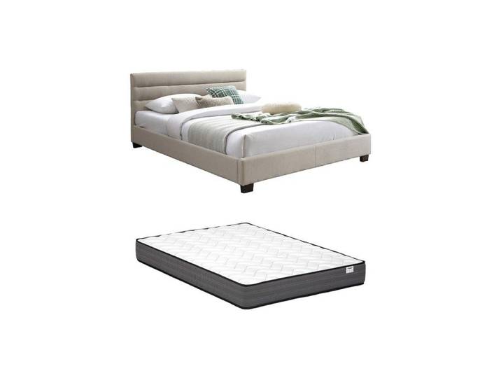 Lit 140 x 190 cm - Tissu - Beige + Matelas - FAUSTIN