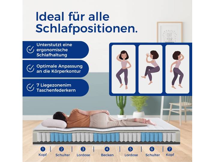 Matelas à ressorts ensachés Rosahqnda, hauteur 90 x 200 cm, niveau de fermeté H3/certifié Oeko-Tex/matelas ergonomique 7 zones, matelas