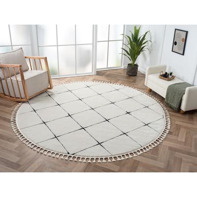 Hochflor-Teppich "Moroccan Square", schwarz-weiß (weiß, schwarz), H:24mm Ø:240cm, Polyester, Polypropylen (PP), MYFLAIR MÖBEL & ACCESSOIRES, Teppiche, modernes Rauten Design, weich, mit Fransen, auch in rund