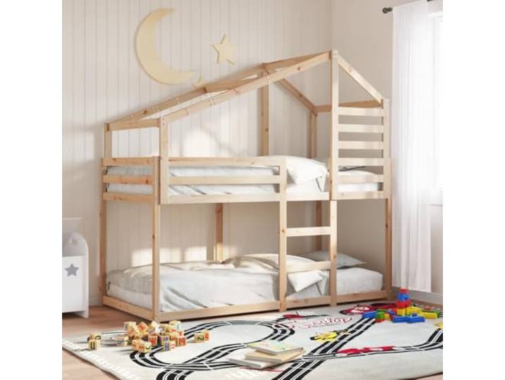 RJPLMFV Etagenbett, 90 x 200 cm, Kiefer massiv Ohne Matratze, mit Dach und Seitentür, Sicherheitsgeländer, Lattenrost inklusive, für begrenzten Raum