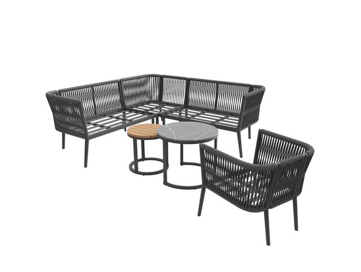 Redom Gartenlounge-Set 6-teilig 114,5/61/67 cm aus Metall und Olefin, modular mit 2 Tischen und verstellbaren Füßen, Grau, Gartenmöbel, Gartengarnituren, Gartenmöbel-Sets