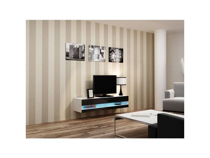 Meuble TV blanc et noir brillant - Cama MEBLE - 2 portes - 140x40x30 cm - Stratifié / MDF - 1 colis