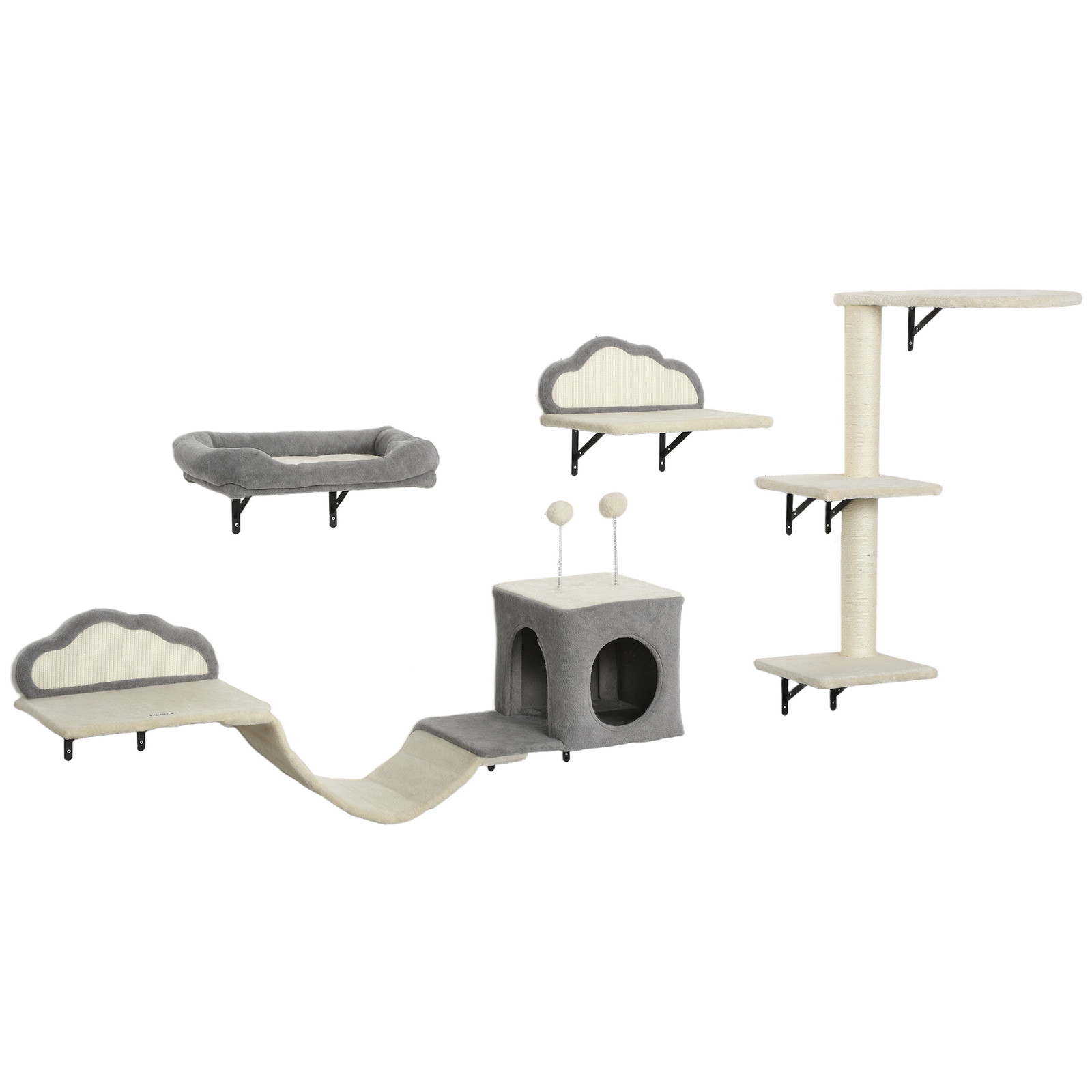 PawHut wand krabpaal set van 4 delen met sisal krabvlakken in beige, wolk design klimwand voor 1-3 katten